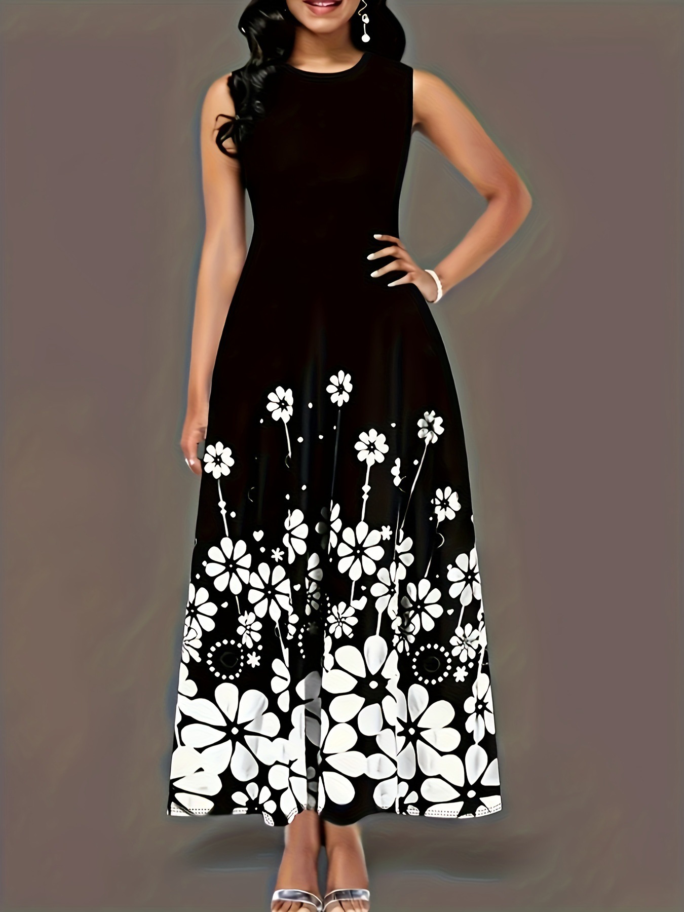Women's Sleeveless Floral Print Loose Round Neck Casual Dress