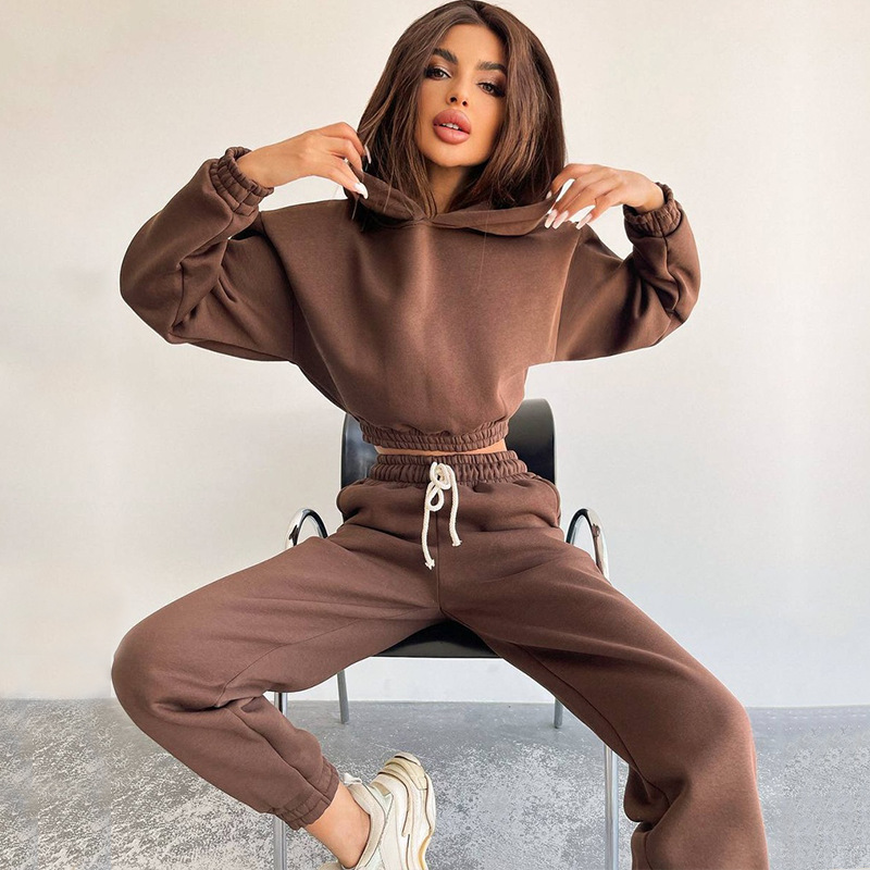 Women's Long Sleeve Hooded Crop Hoodie and Lace-Up Sweatpants Set