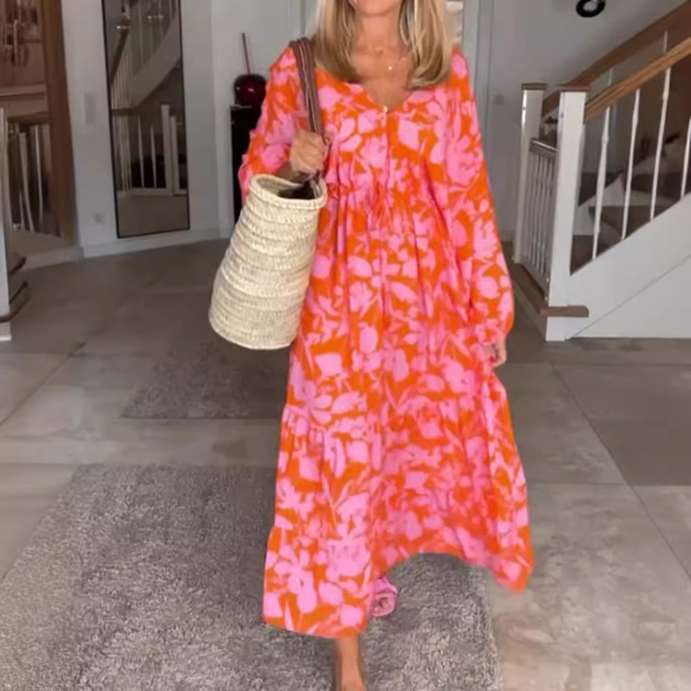 Women's Printed V-Neck Long Sleeve Loose Casual Dress
