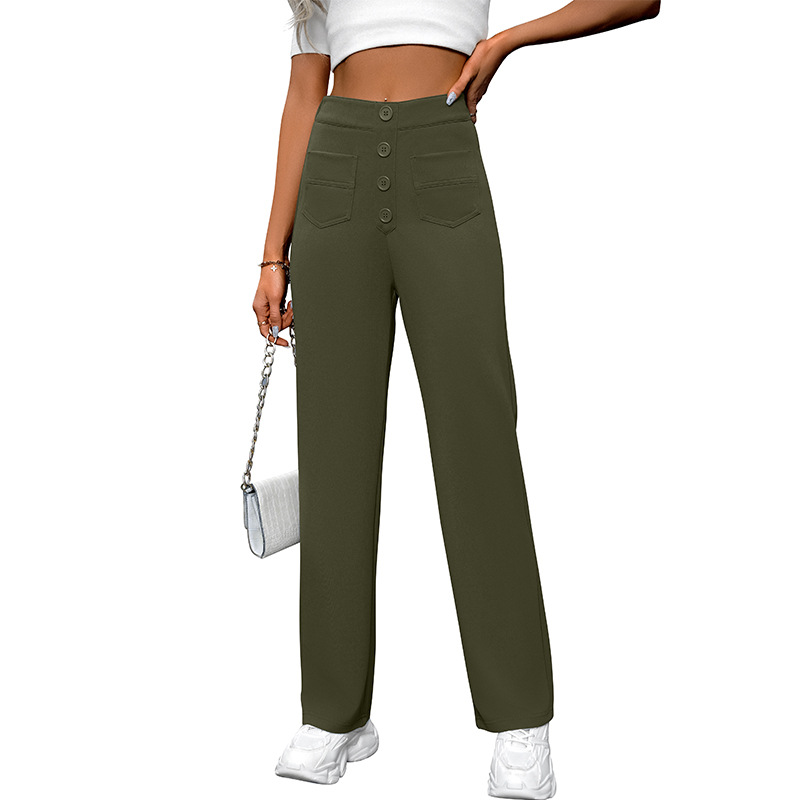High-Waist Wide-Leg Button Pants with Pockets Casual Straight-Leg Trousers