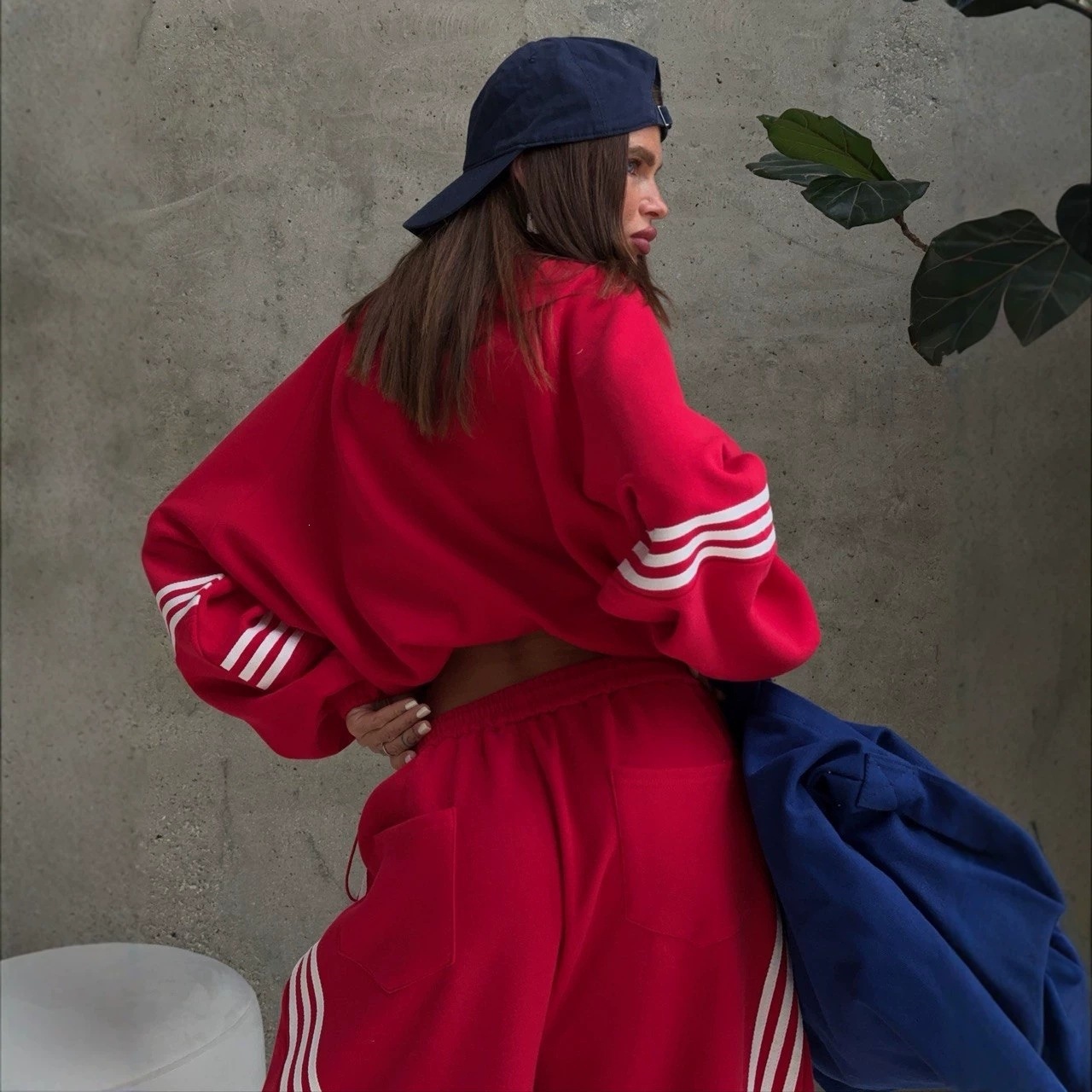 Striped Color-Block Stand-Collar Jacket & Elastic-Waist Pants Cotton-Blend Set