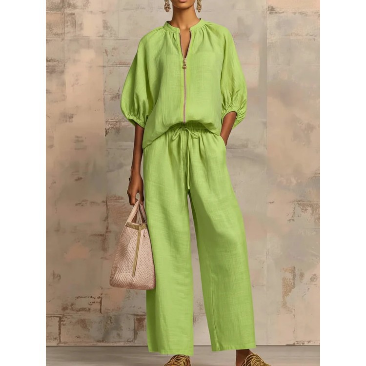 Women's Casual Solid Color Zip Round Neck Wide-Leg Pants Set