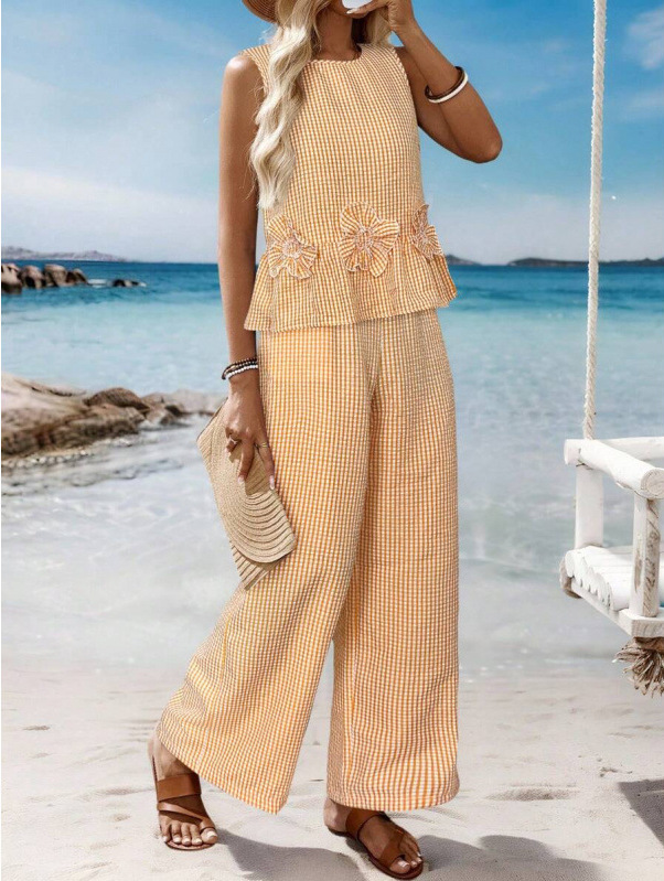 Women's Striped Floral Cotton-Linen Top and Pants Set