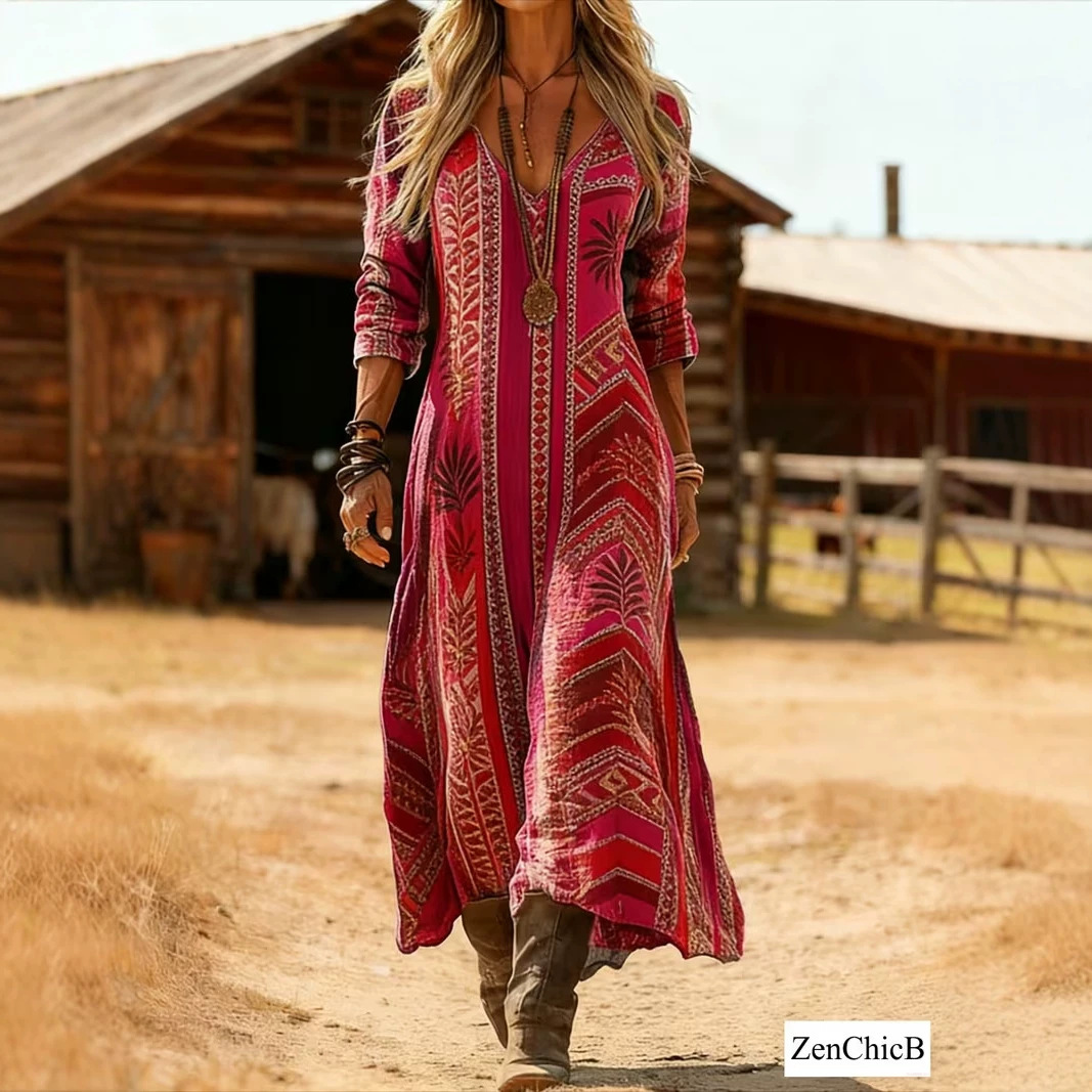 Women's Vintage Tribal Print Pleated Midi Dress