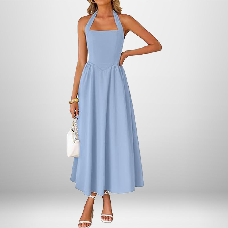 Women's Sleeveless Halter Backless A-Line Midi Dress
