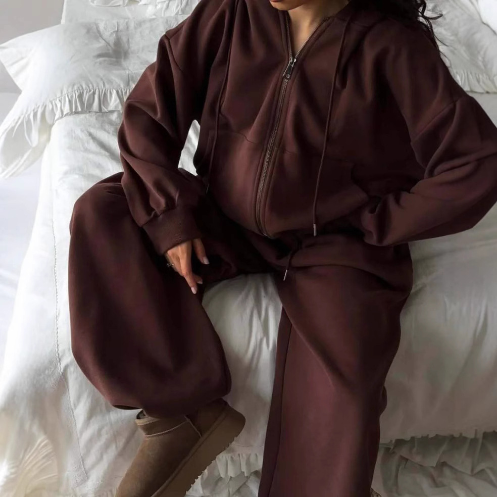 Women's Casual Long Sleeve Hooded Zip-Up Tracksuit Set with Pants