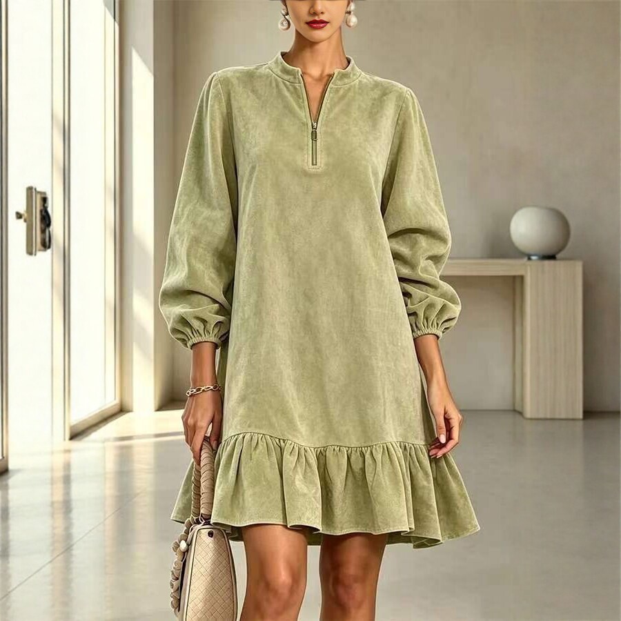 Faux Suede Dress with Lantern Sleeves and Ruffle Half-Zip Stand Collar