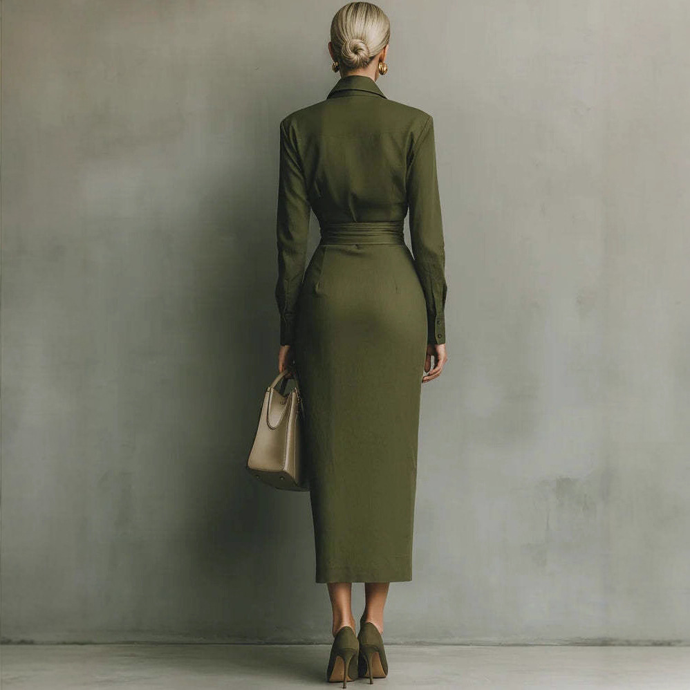 Women's Slim Fit Long Sleeve Midi Dress with Collar