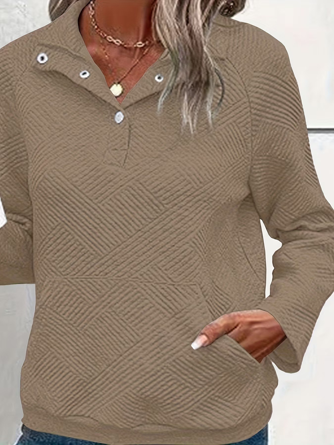 Solid Textured Buttoned Collared Long-Sleeve Sweatshirt Loose Fit