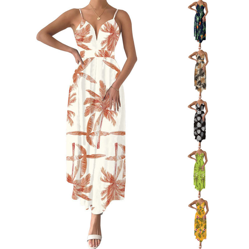 Women's Summer Printed V-Neck Sleeveless Midi Dress with Cinched Waist
