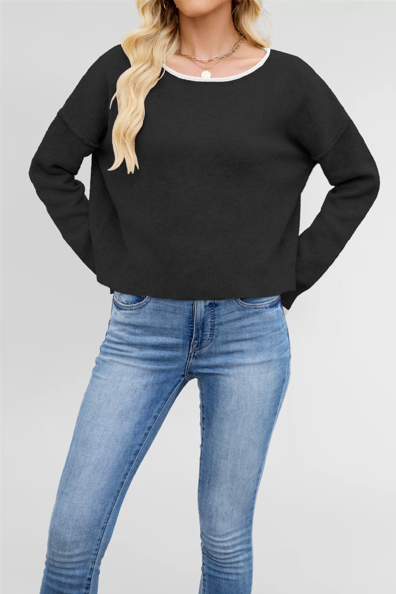 Women's Color-Block Crewneck Knit Sweater Loose Pullover