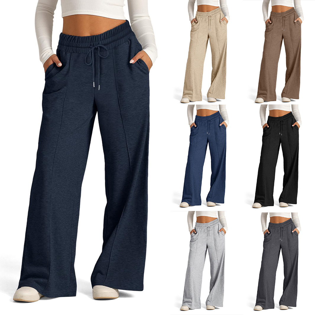 Women's Drawstring High-Waist Wide-Leg Casual Pants Solid Color