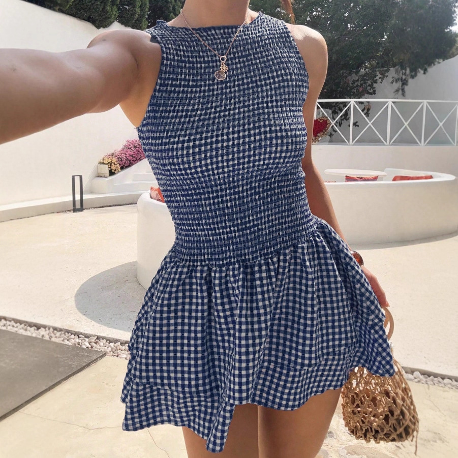 Women's Off-Shoulder Smocked Plaid Sleeveless Puff Dress