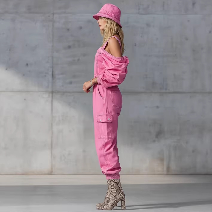 Pink Denim Jumpsuit with Long Sleeves and Tapered Legs