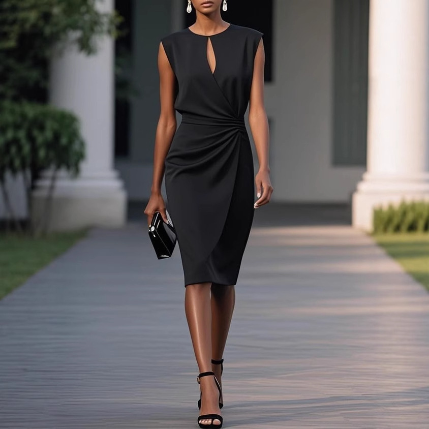 Women's Retro Cross Knot Cutout Round Neck Midi Dress