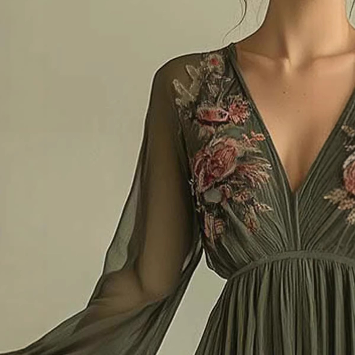 Digital Print Long Sleeve V-Neck Maxi Dress