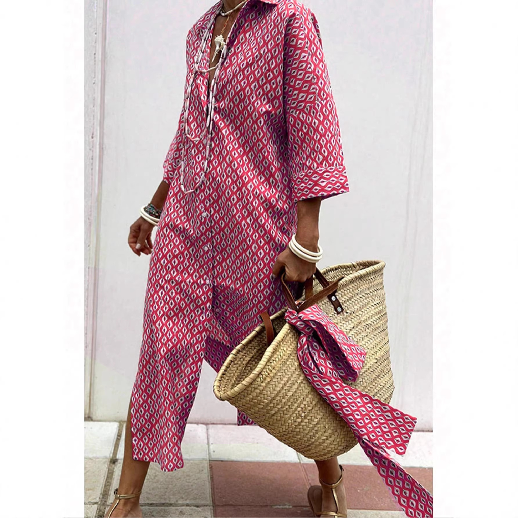 Women's Striped Button-Front Shirt Dress with Collar and Short Sleeves