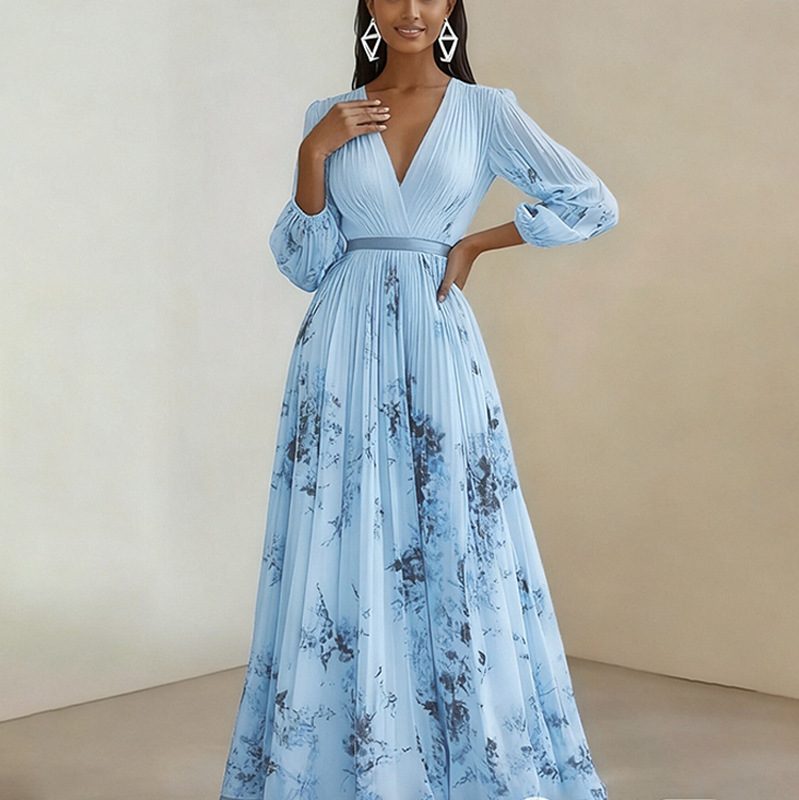 Elegant Floral Print V-Neck Waist-Cinching French Dress
