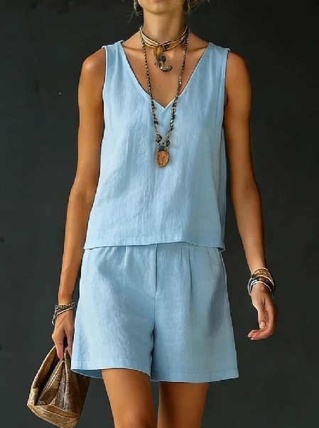 Women's Sleeveless Linen-Cotton Vest and Shorts Set Solid Color Two-Piece