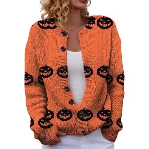 Halloween Pumpkin Castle Print Faux Knit Cardigan for Women