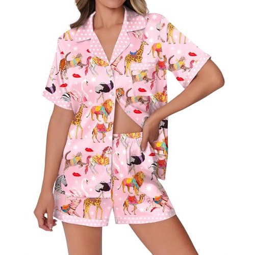 Cuban Collar Animal Print Short Sleeve Women's Set