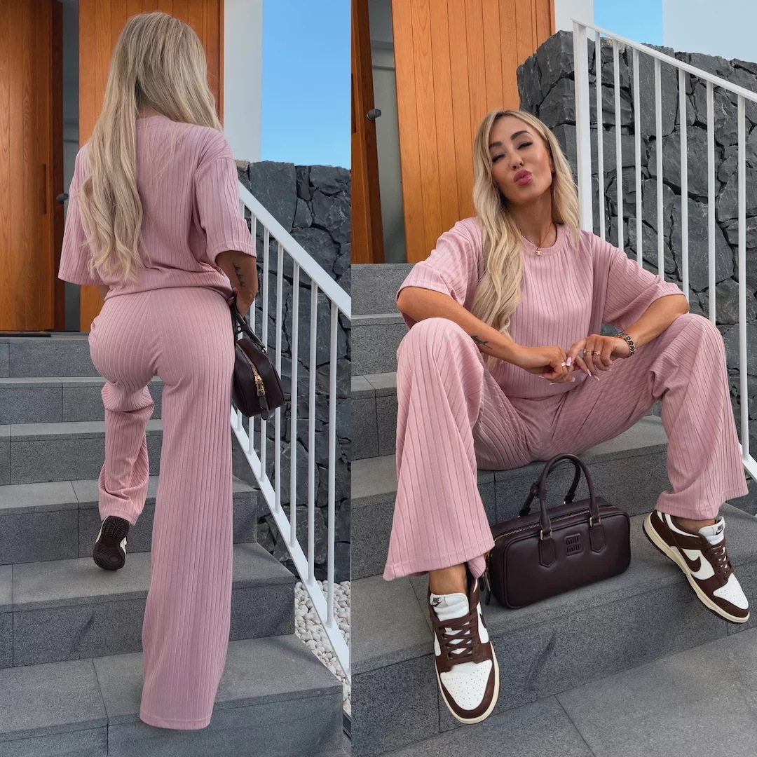 Women's Casual Two-Piece Set Solid Crewneck Short-Sleeve Top and Elastic-Waist Pants