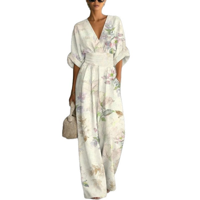 Elegant V-Neck Printed Jumpsuit with Cinched Waist