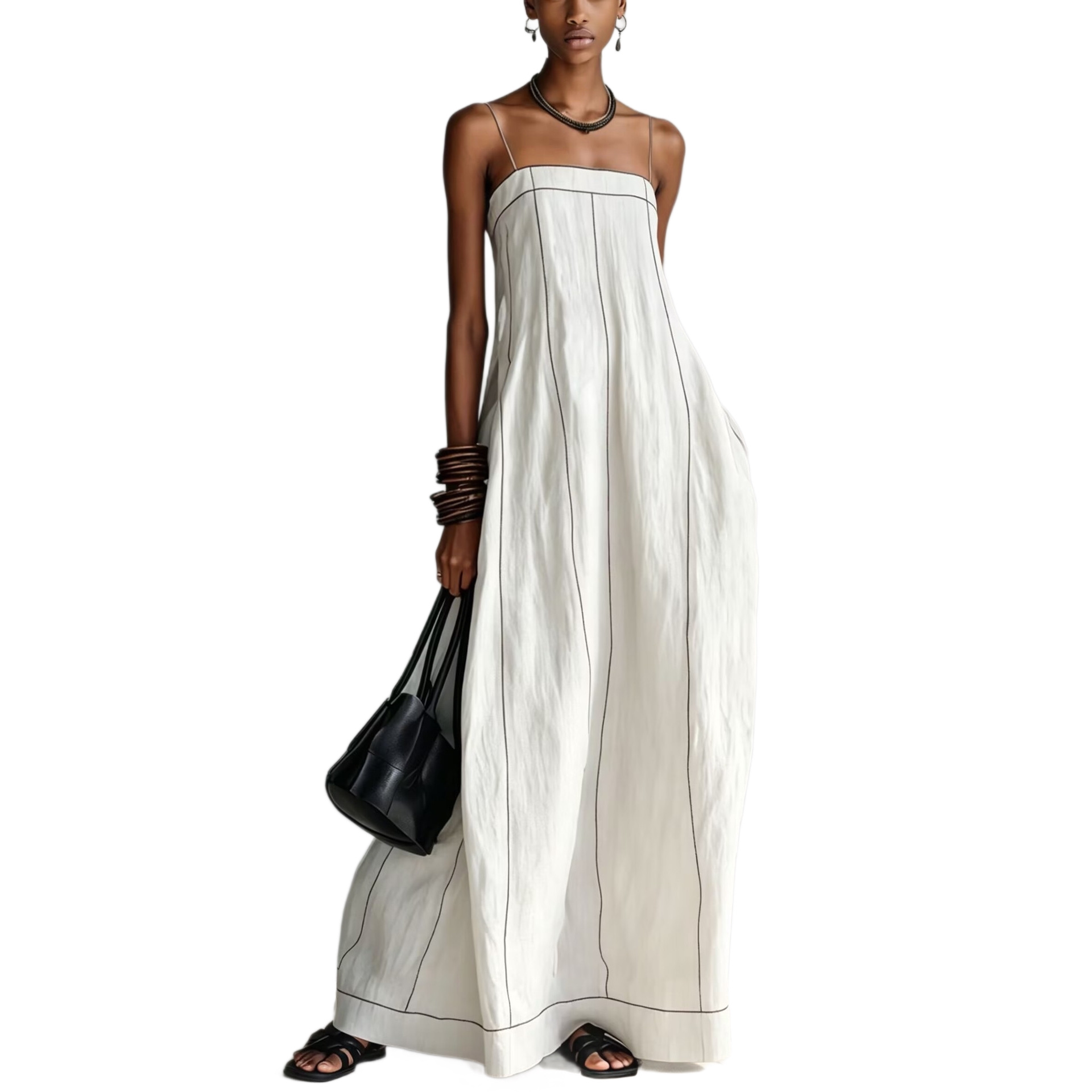 Women's Contrast Stitch Linen-Blend Sleeveless Maxi Dress Relaxed Fit
