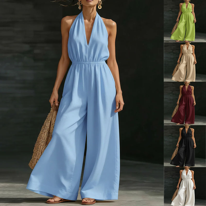 Women's V-Neck Halter Wide-Leg Jumpsuit Solid Color Sleeveless