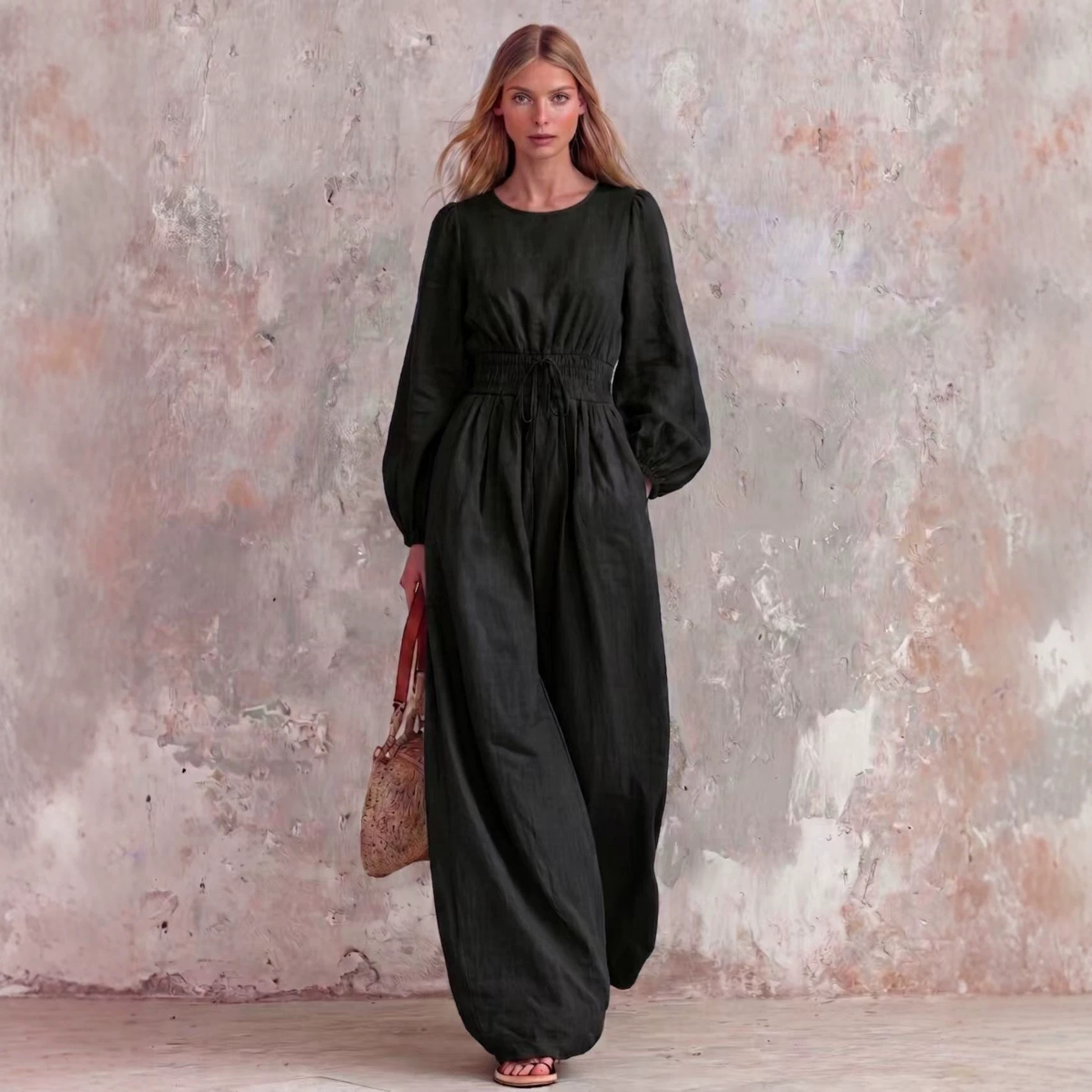 Women's Casual Vintage Solid Color Waist-Defining Smocked Jumpsuit
