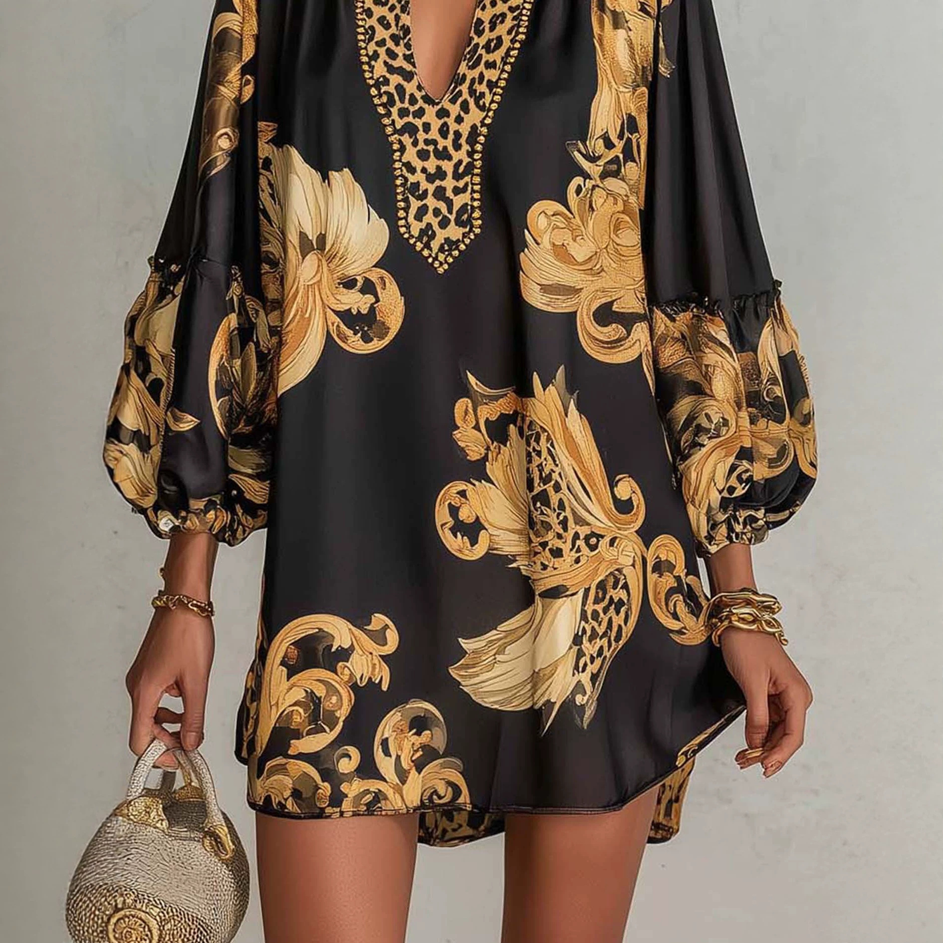 Leopard Print Gold Floral Spliced Satin Dress with Stand Collar and Lantern Sleeves
