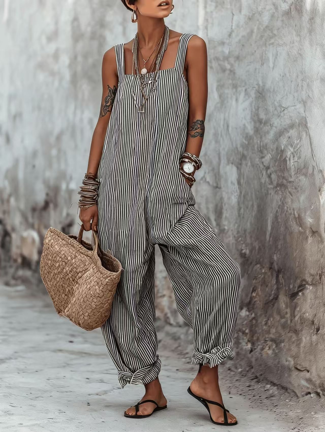 Women's Sleeveless Striped Print Loose Casual Jumpsuit