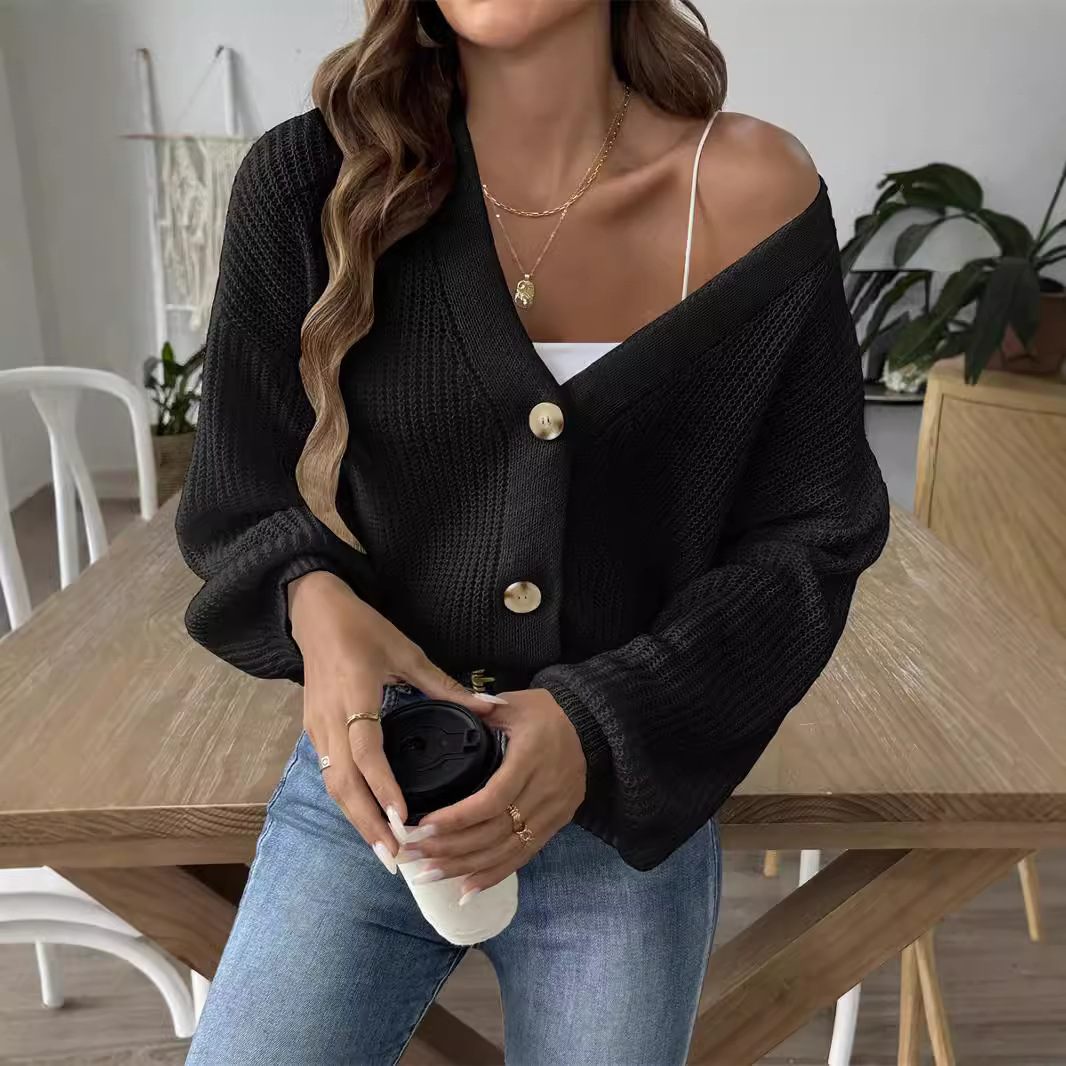 Women's Cropped V-Neck Button Cardigan Sweater