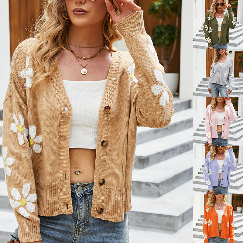 Women's Floral Knit Cardigan Loose Preppy V-Neck