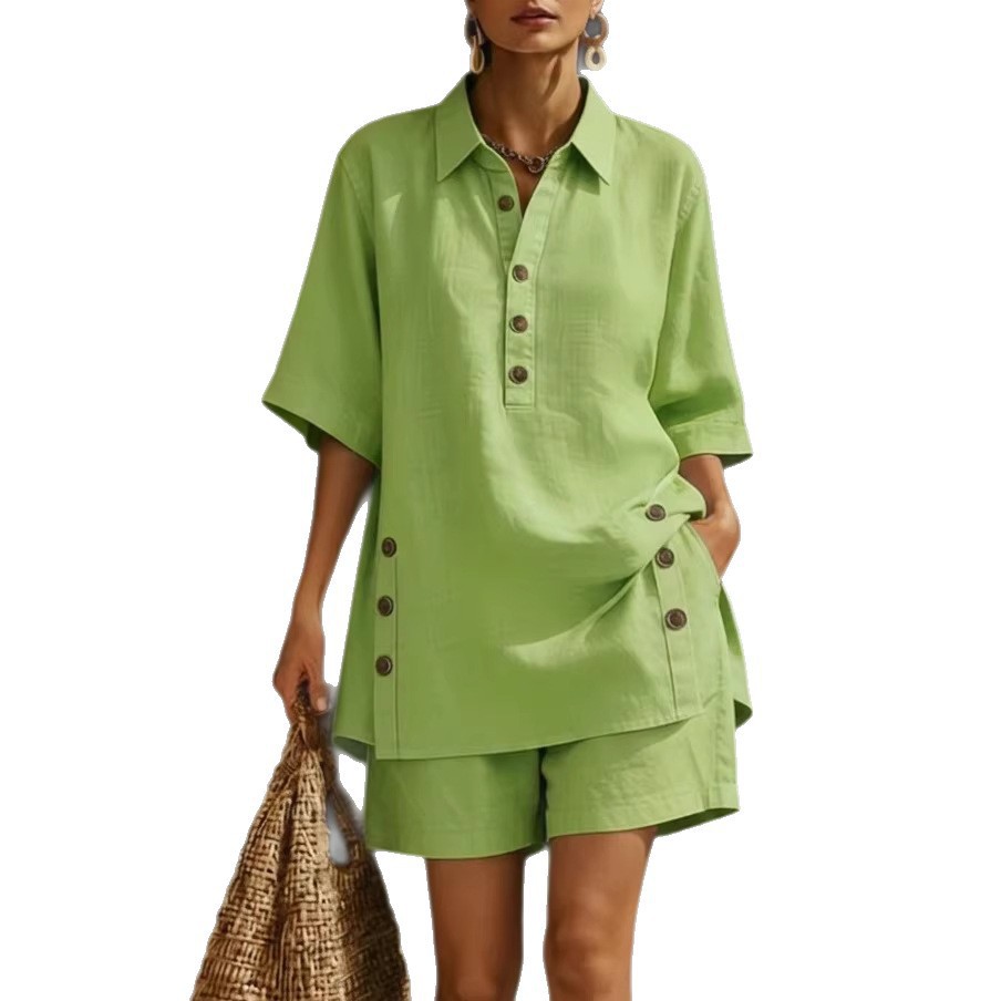 Women's Linen-Blend Shirt and Shorts Set Casual Loose Button-Down Two-Piece