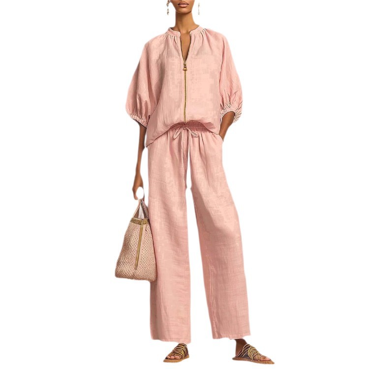 Women's Casual Solid Color Zip Round Neck Wide-Leg Pants Set