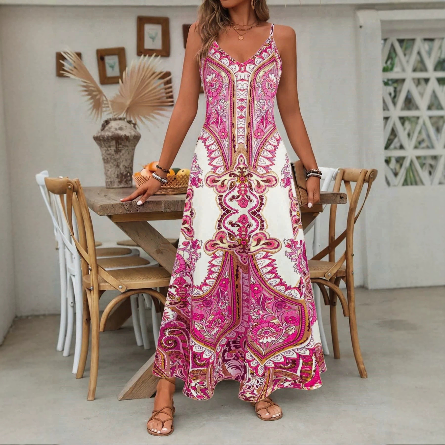 Bohemian Print Sleeveless Slip Maxi Dress