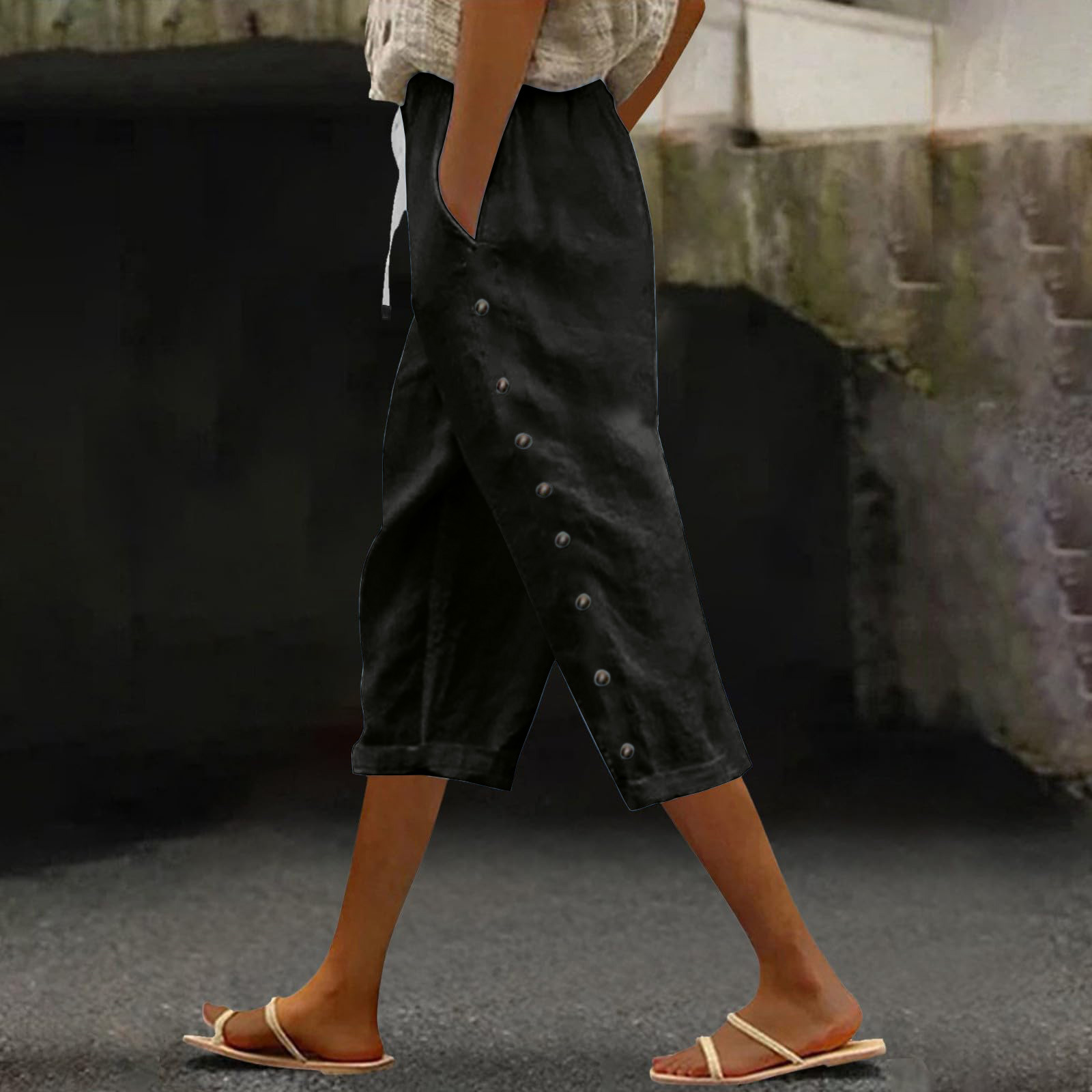 Women's Cotton-Linen Blend Cropped Pants with Elastic Waist, Breathable Straight-Leg