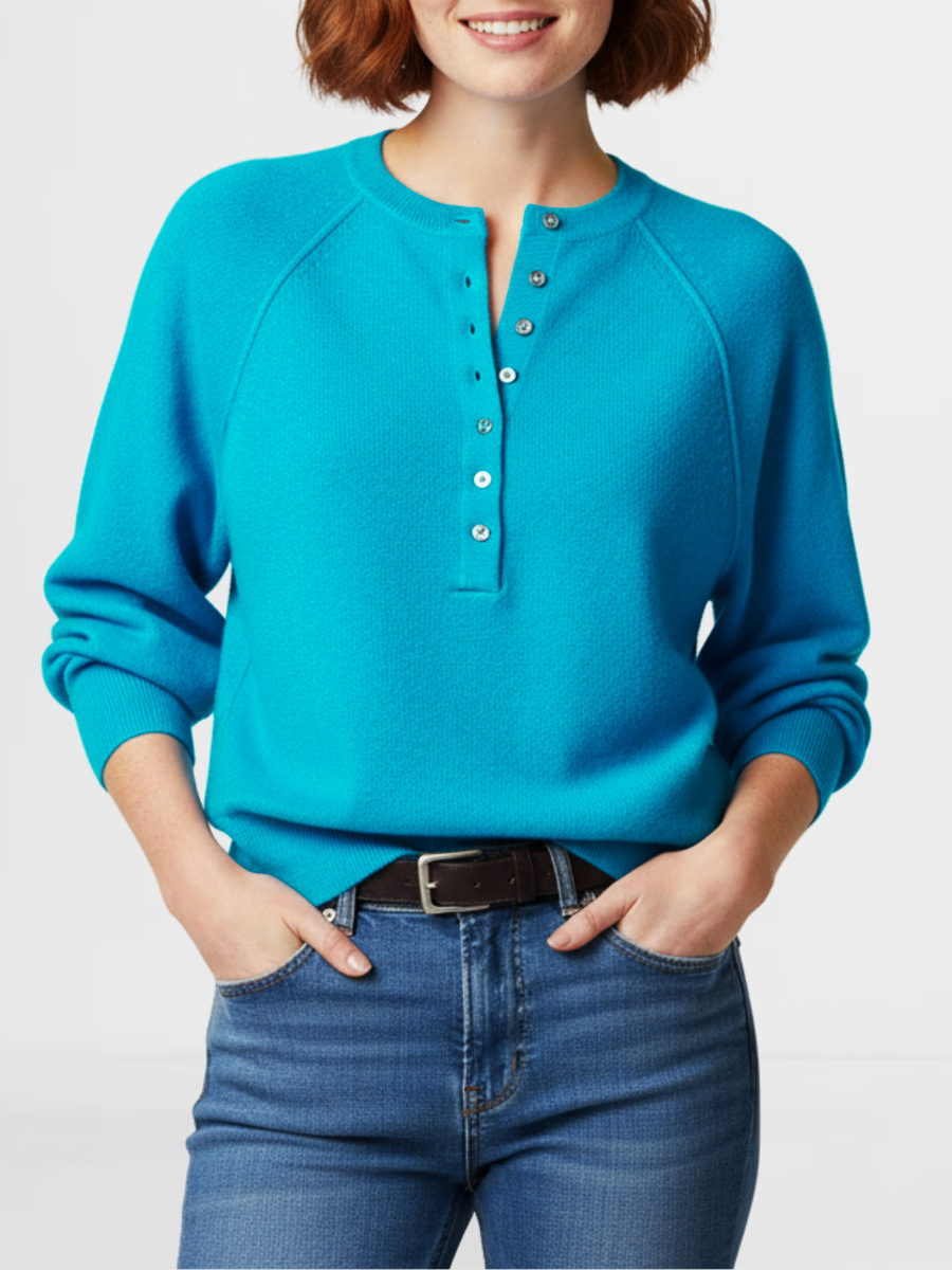 Women's Casual Crewneck Button-Front Knit Henley Sweater