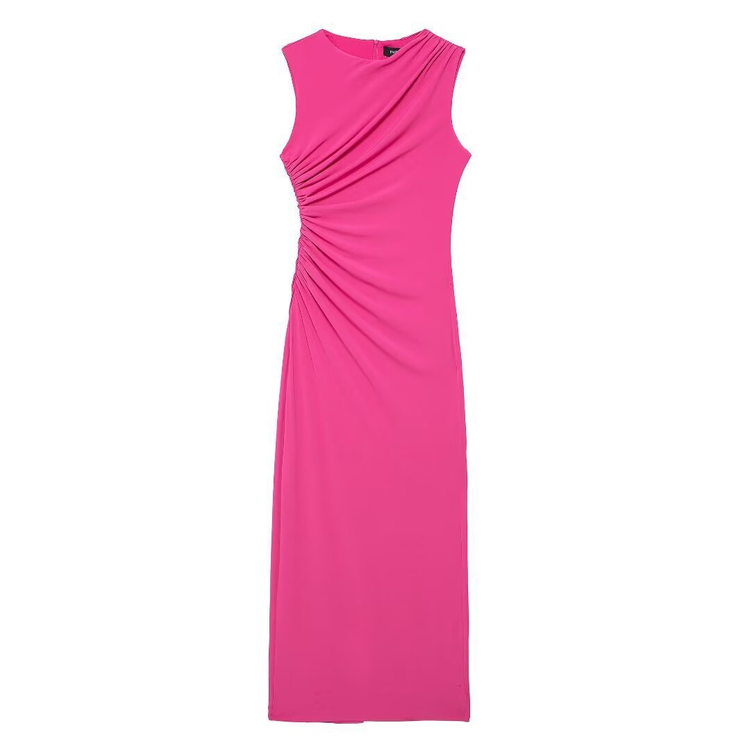 Women's Slim Fit Pleated Midi Dress Sleeveless Round Neck