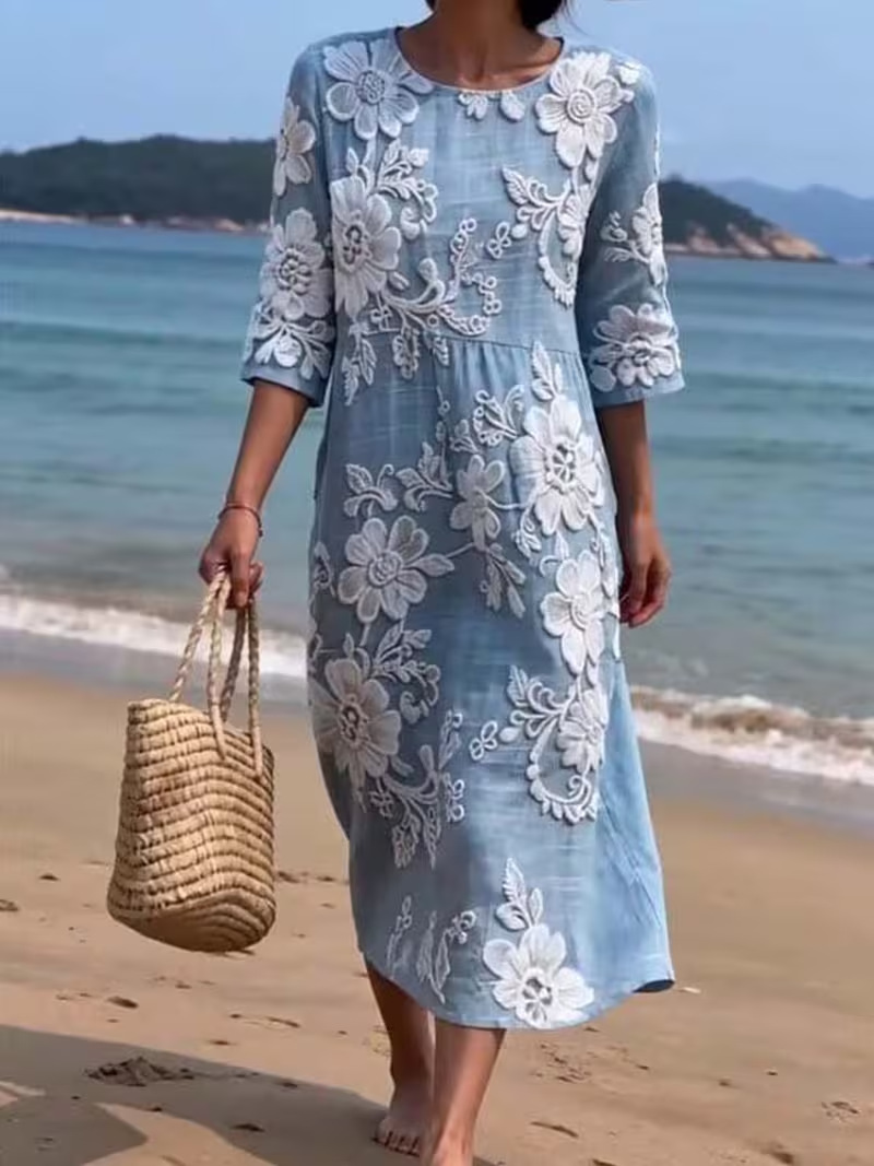 Women's Vintage Floral Print Pleated Midi Dress