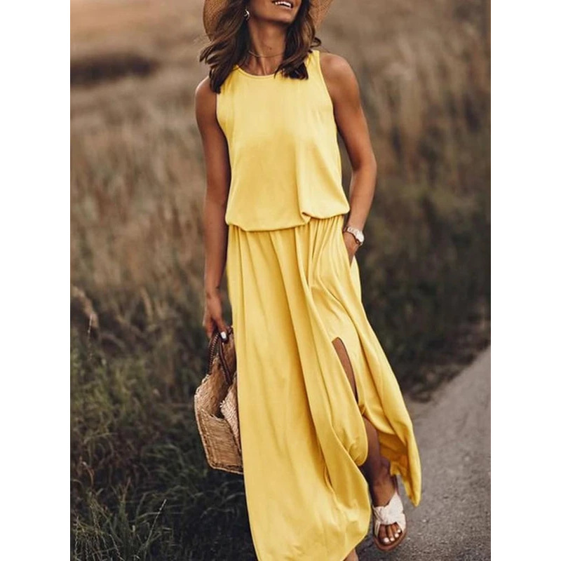 Women's Sleeveless Round Neck Split Long Dress Solid Color