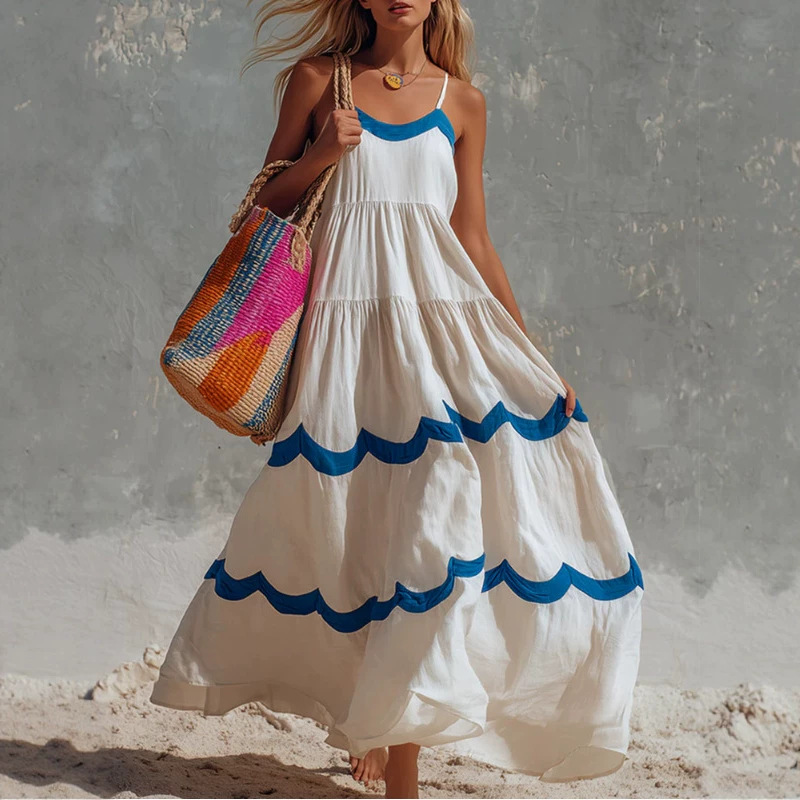 Retro Color-Block Wavy Edge Off-White Sleeveless Dress