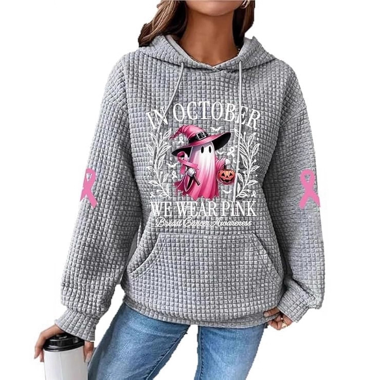 Women's Waffle Knit Hoodie with Cute Cartoon Ghost Print