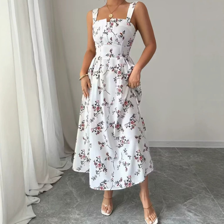 Floral Square-Neck Sleeveless A-Line Midi Dress