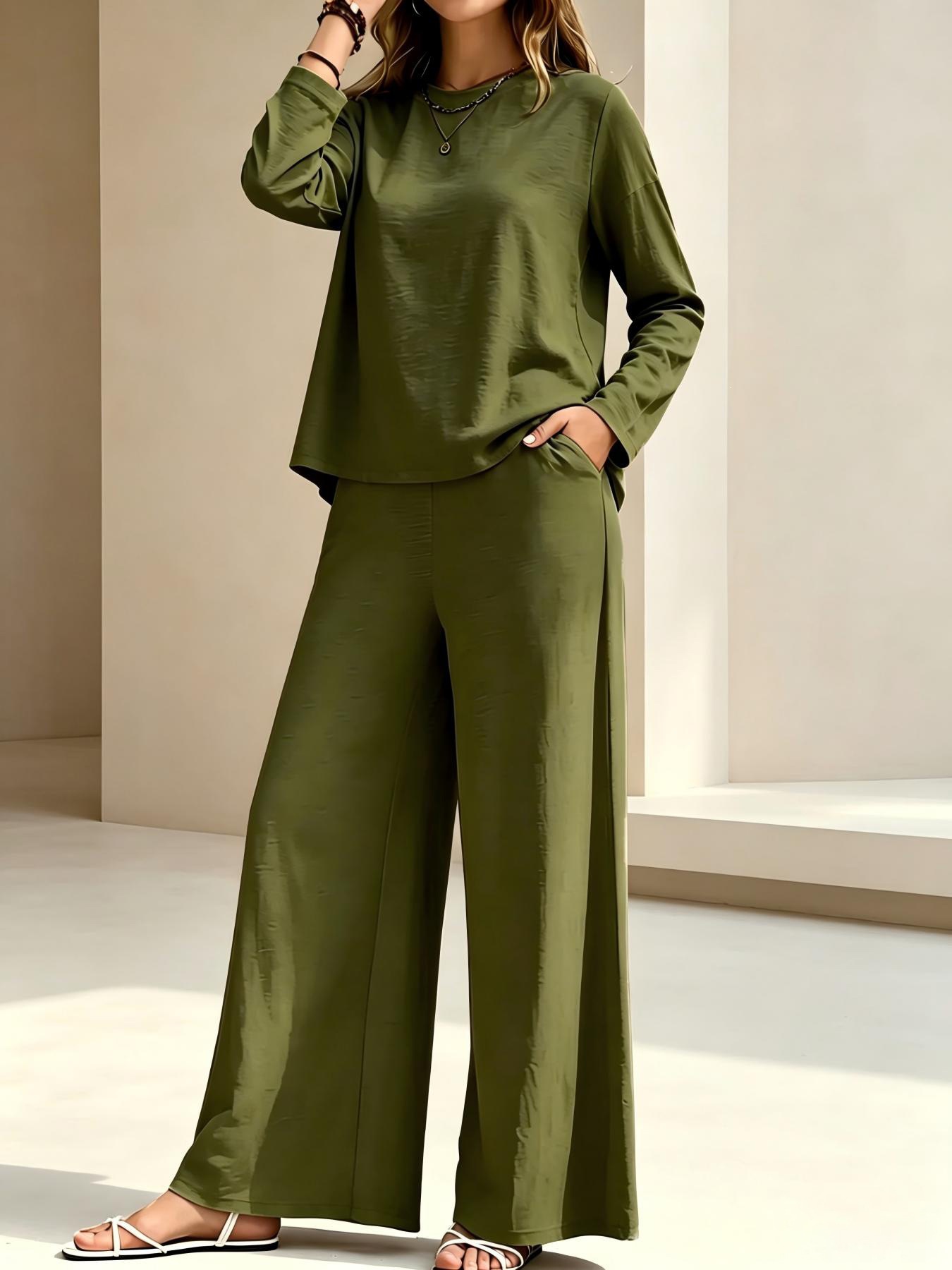Women's Crewneck Long Sleeve High Waist Wide Leg Pants Casual Set