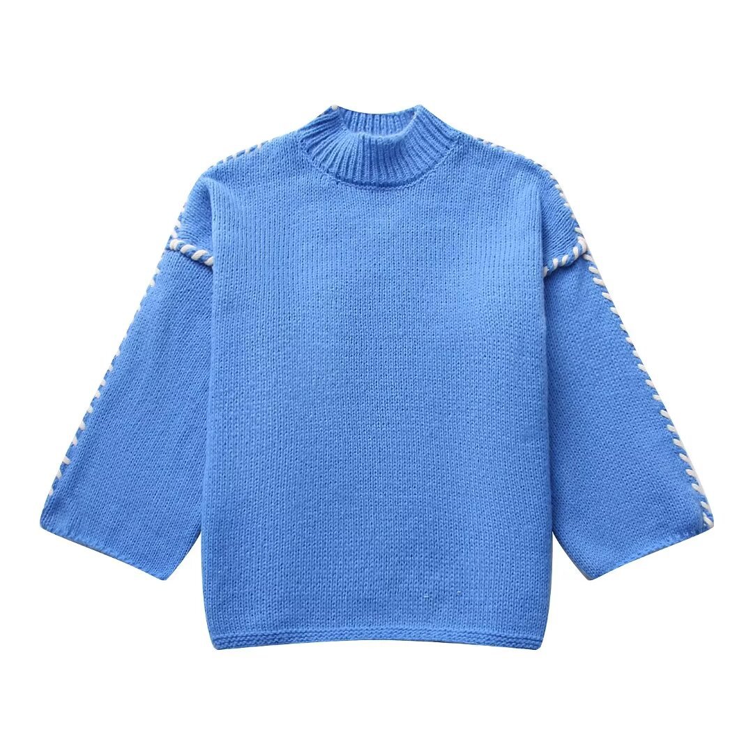 Women's Color-Block Crewneck Long-Sleeve Knit Sweater with 3D Pattern