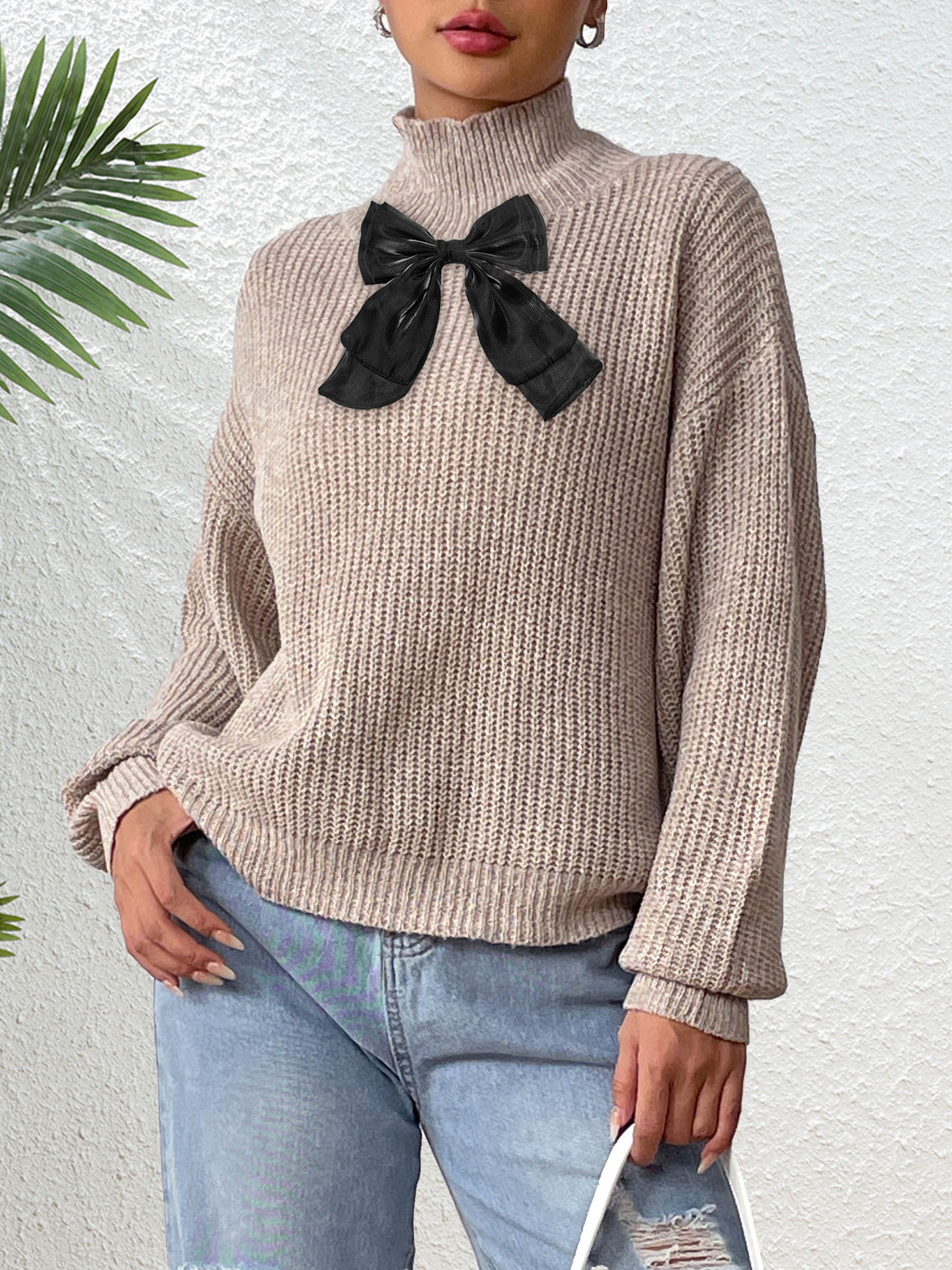 Women's Half-Turtleneck Pullover Sweater with Black Mesh Bow Colorblock