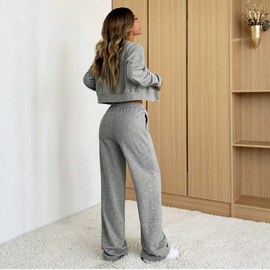 Women's Solid Color Cropped Cardigan & Wide-Leg Pants Casual Set