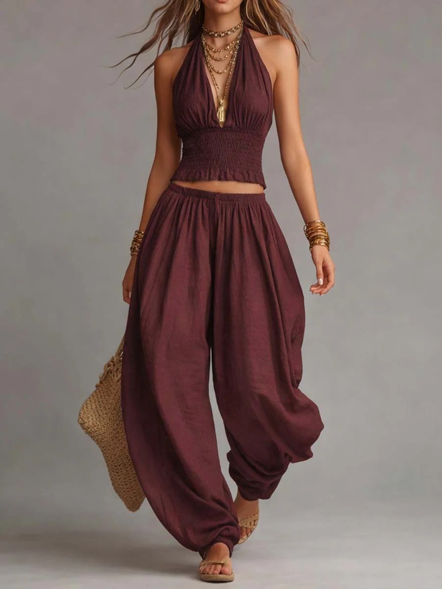 Bohemian Cotton-Linen Halter Smocked Crop Top & Lantern Pants Set